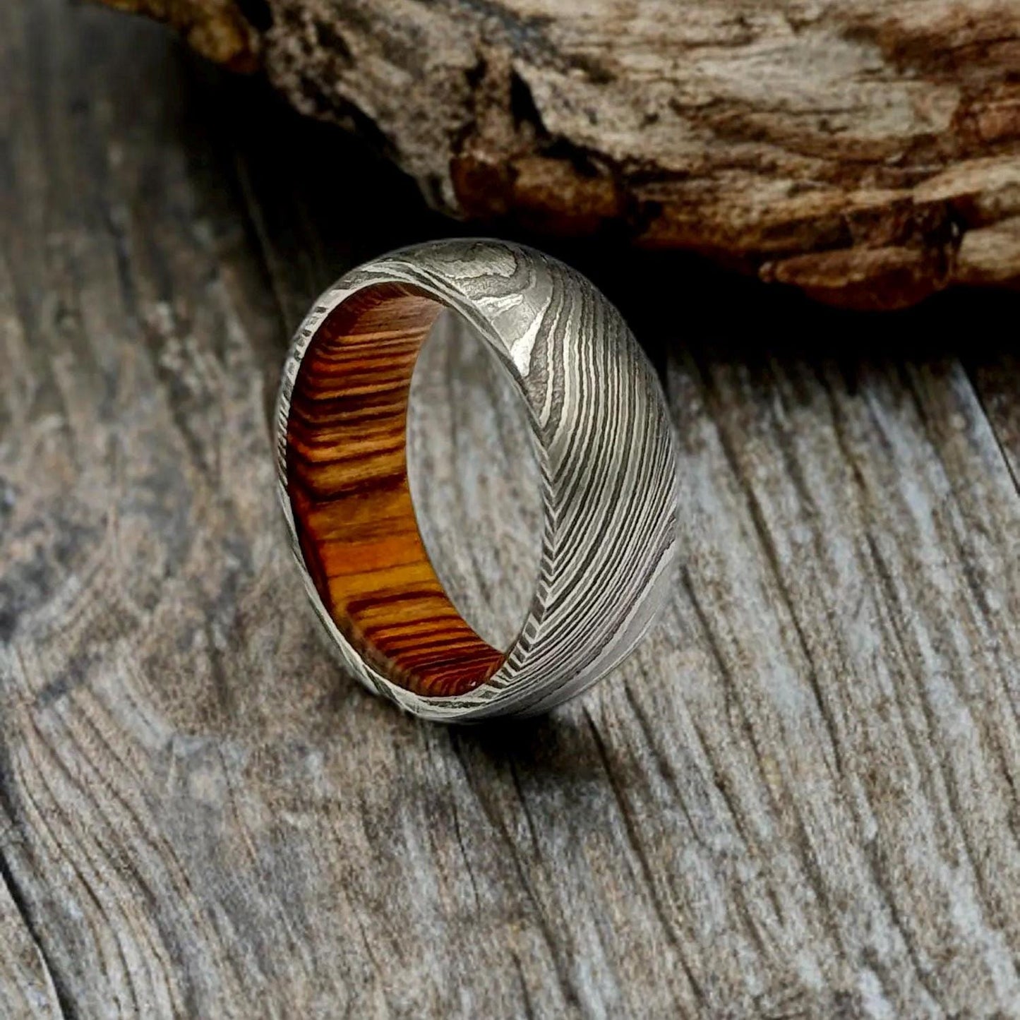 Damascus Steel Whiskey Barrel Ring Wood Wedding Band Promise Ring Engagement Wedding Ring Wood Inlay Damascus Steel Ring Valentines Gift Him Metalic Crafts