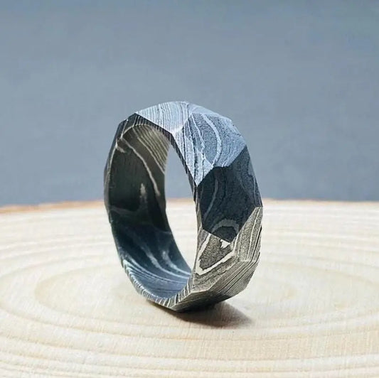 Damascus Faceted Ring Unique Ring Damascus Ring For Men Engagement Ring Damascus Steel Wedding Band Man Promise Ring Anniversary Ring My Store