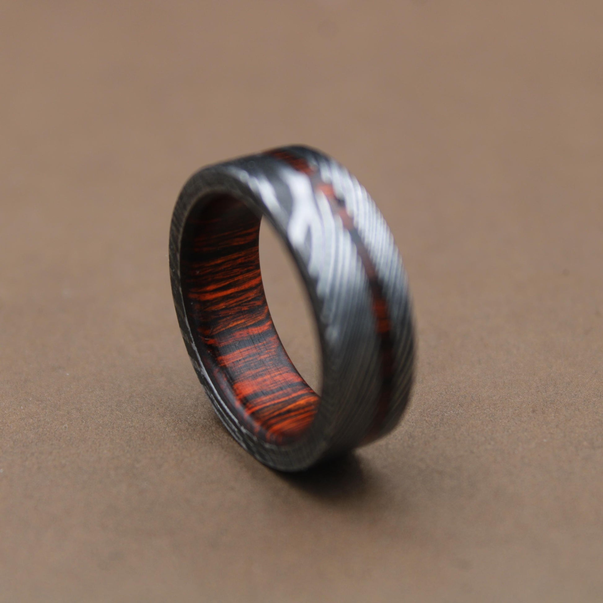 Damascus Steel Whiskey Barrel Steel Rings, Dome Promise Ring, Wood Wedding Ring, Damascus Steel Rings, Wood Inlay Engagement Ring, Wedding Band My Store
